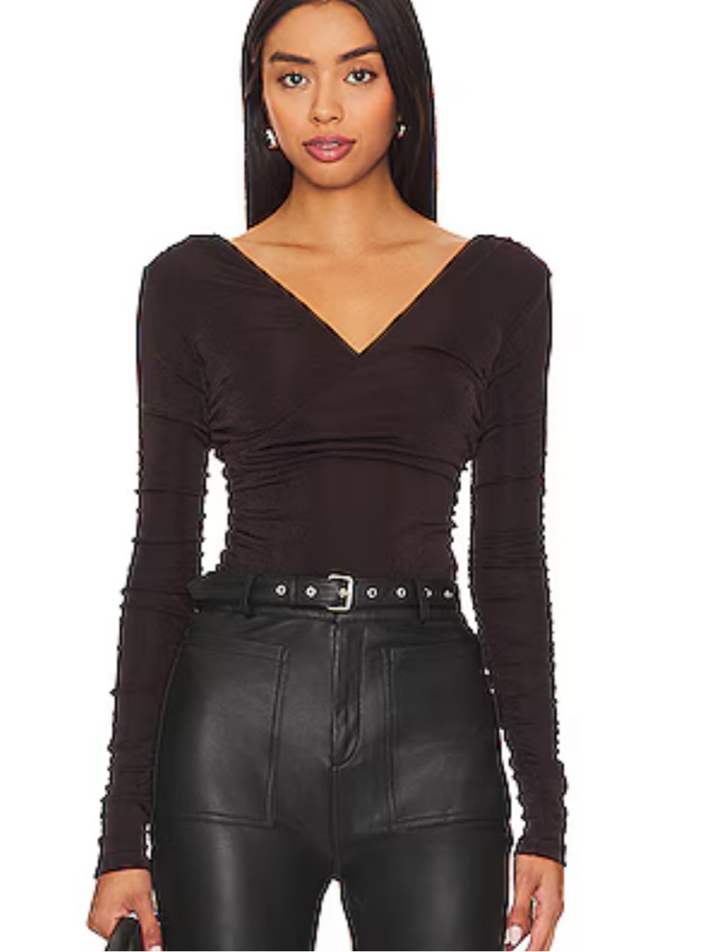 Free People NWT $68 Hot Fudge Brown Reya Ruched Long Sleeve Bodysuit XL